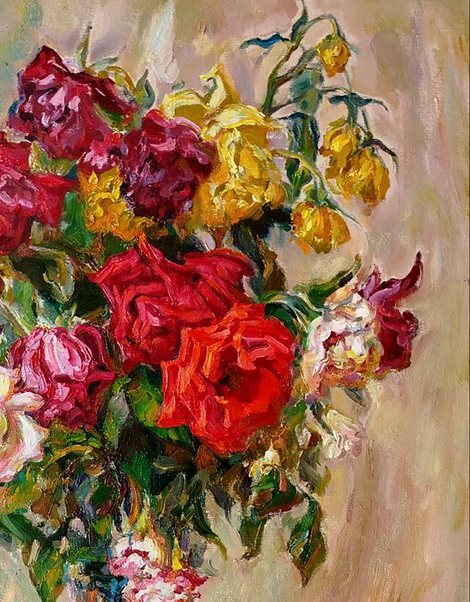 Vibrant oil painting of red, magenta, yellow roses by Leonid Pavlenko