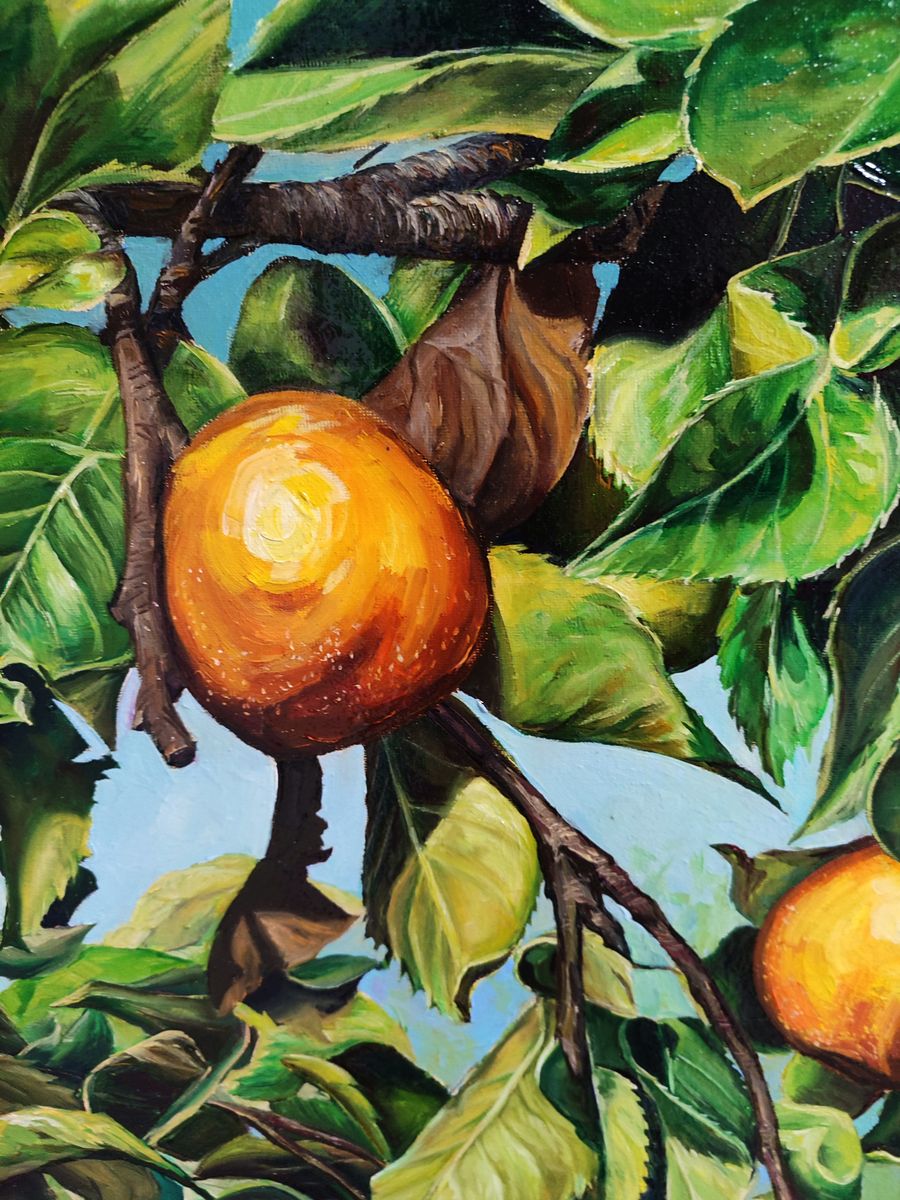 Oil painting of vibrant orange persimmon on tree by Oksana Sklym