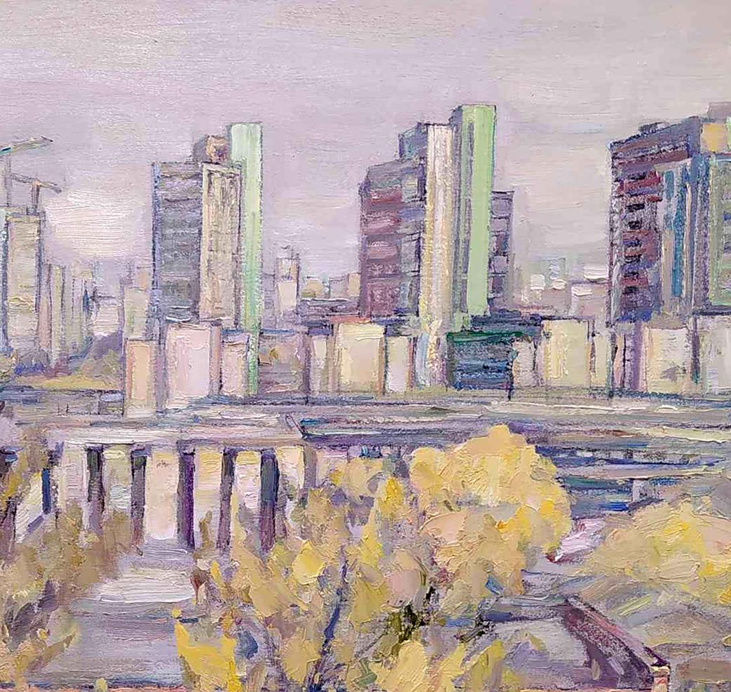Oil painting Autumn in the city by Leonid Pavlenko, impressionistic cityscape