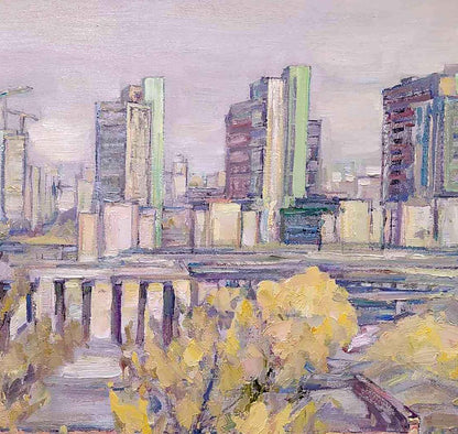 Oil painting Autumn in the city by Leonid Pavlenko, impressionistic cityscape