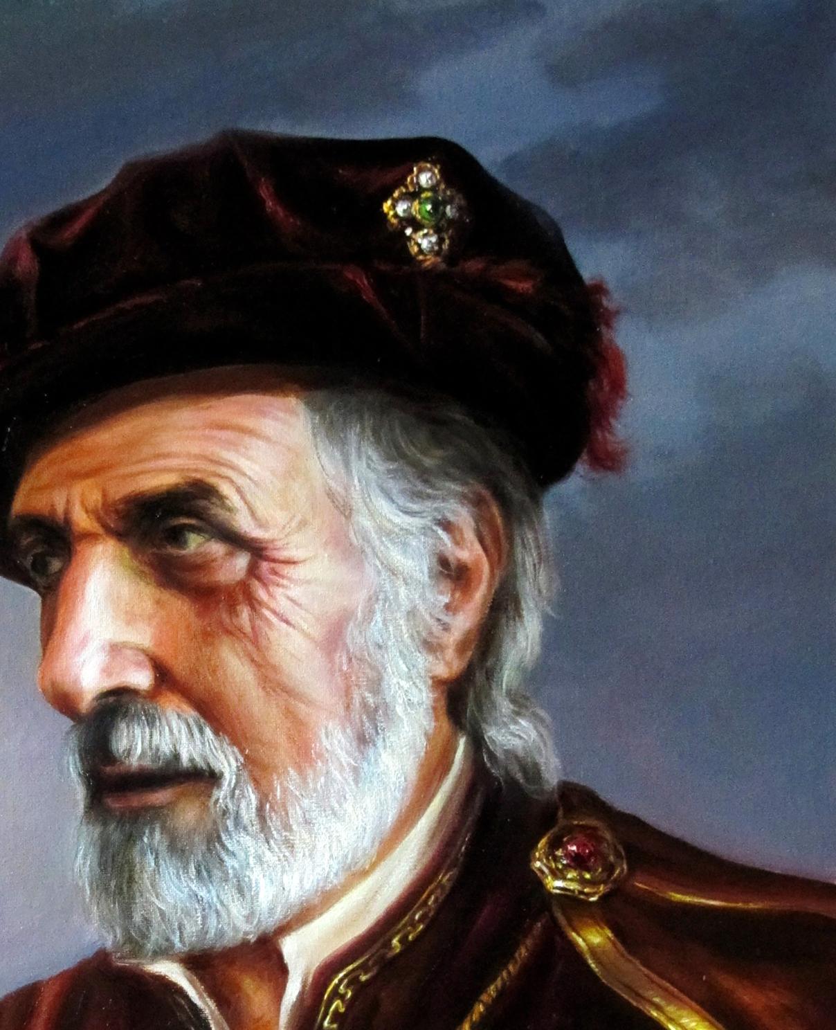 Oil painting of burgundy velvet cap with jeweled brooch and red feather from The Merchant of Venice by Valeriy Bulat