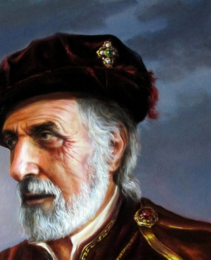 Oil painting of burgundy velvet cap with jeweled brooch and red feather from The Merchant of Venice by Valeriy Bulat