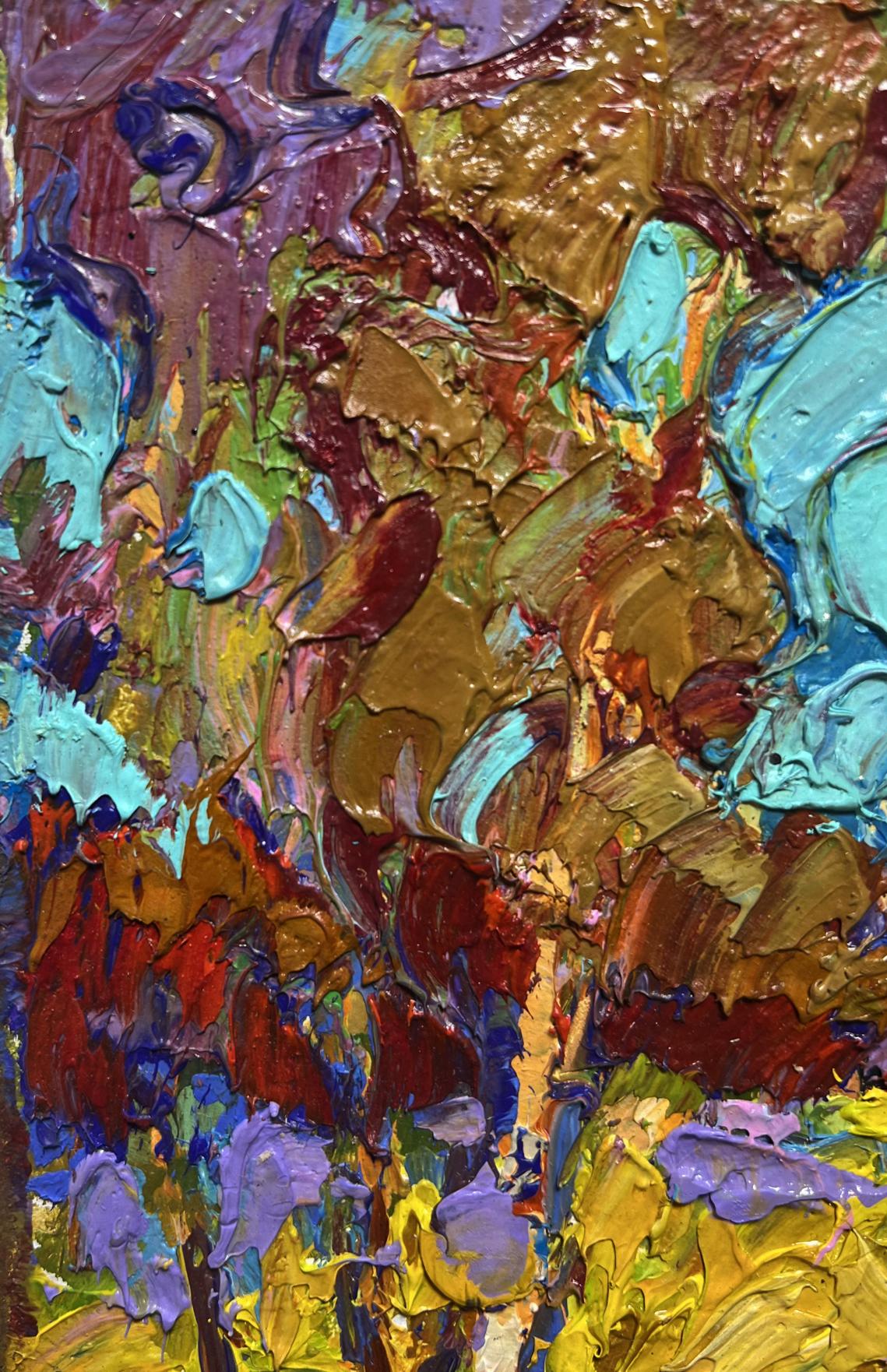 Vibrant oil painting of cow in field by Oleksiy Ivanyuk with teal gold hues