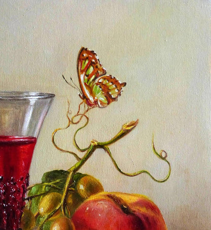 Vibrant orange green butterfly on vine oil painting by Valeriy Bulat