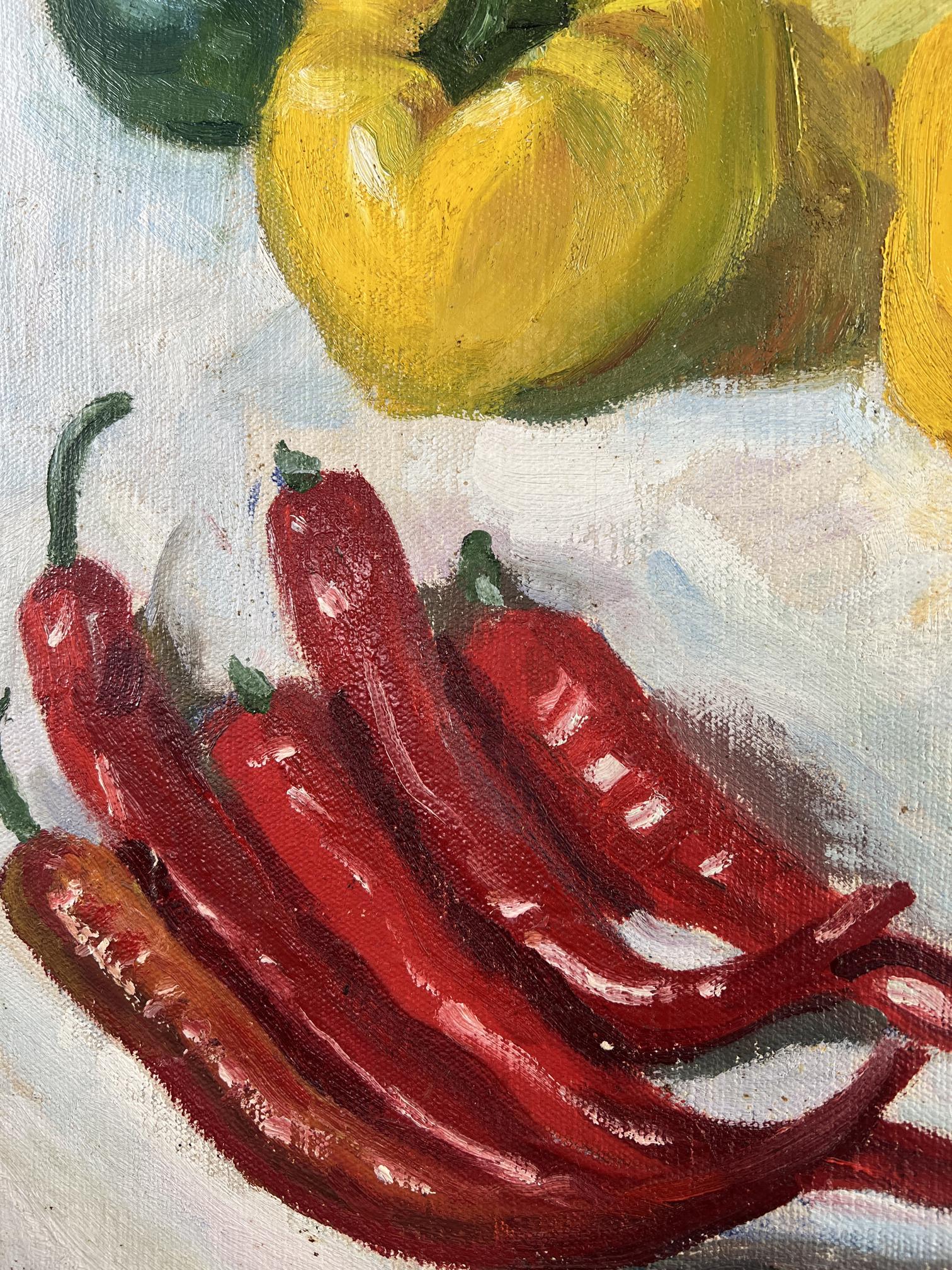 Oil painting of vibrant red chili peppers on dining table by Zinovy Filippov