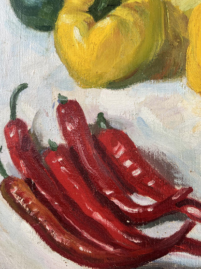 Oil painting of vibrant red chili peppers on dining table by Zinovy Filippov