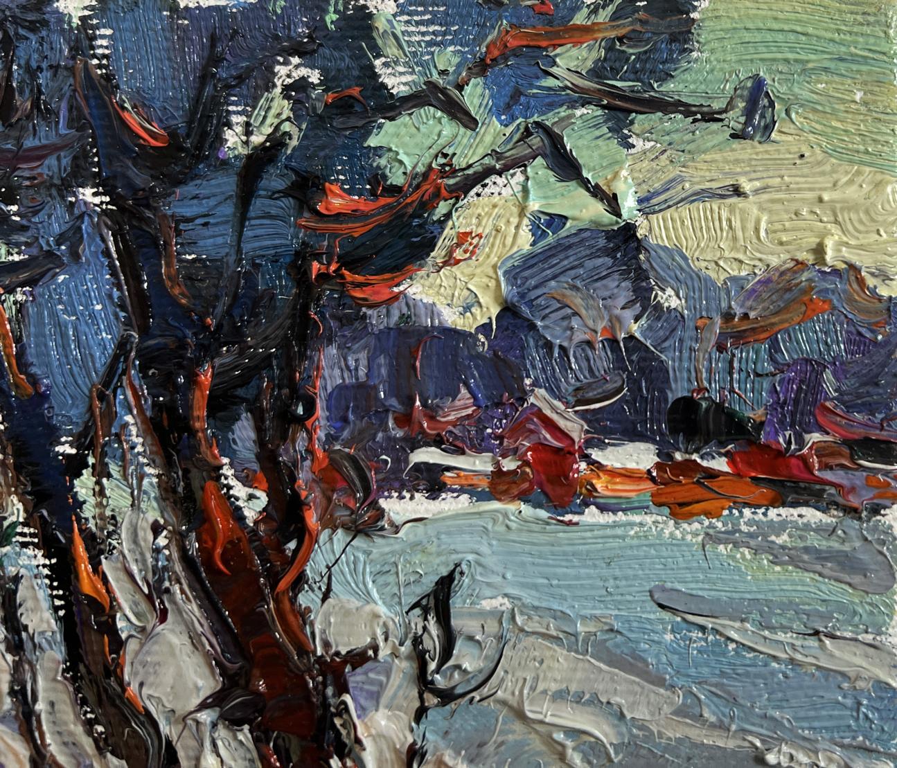 Abstract oil painting First winter ice by Oksana Ivanyuk in blues reds earth tones