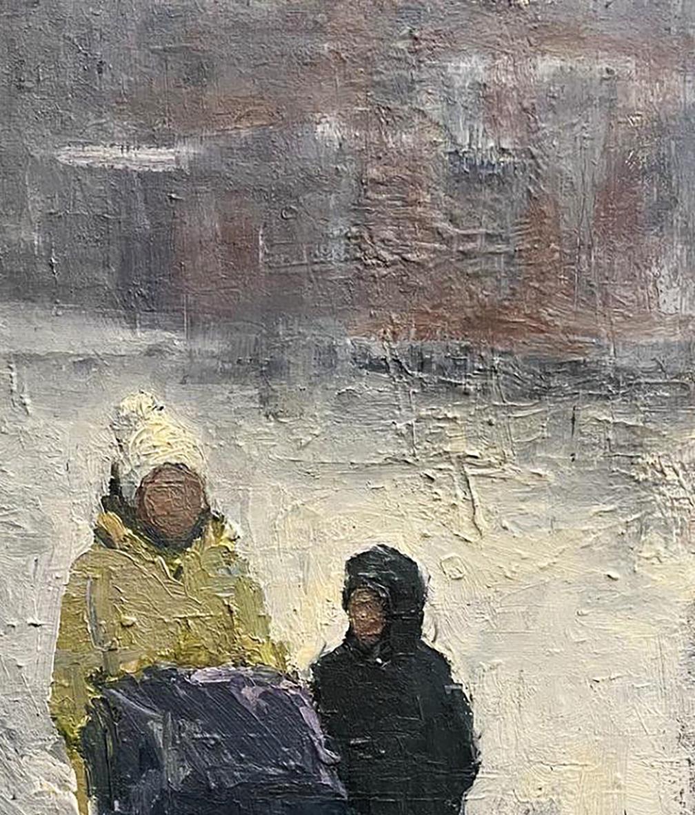 Textured oil painting Quiet conversation by Volodymyr Pashchenko snowy scene