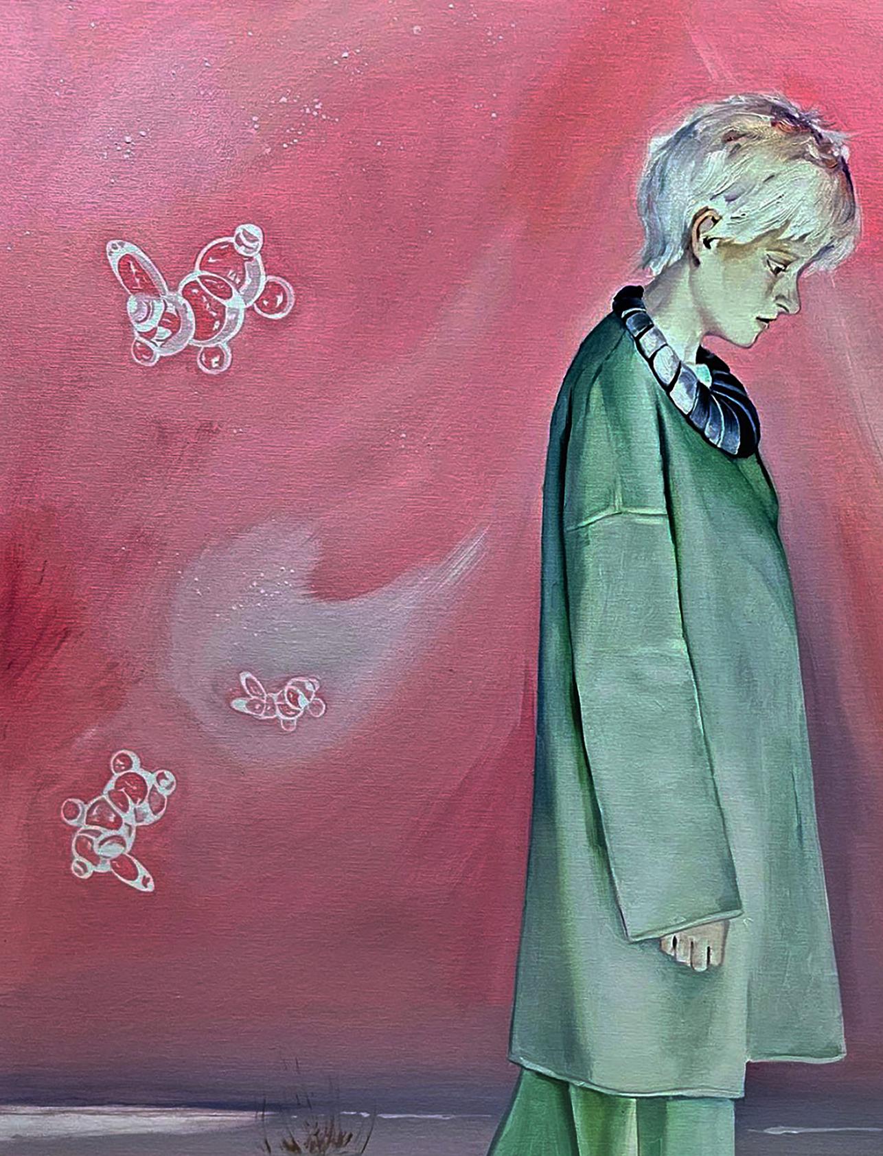 Oil painting by Igor Konovalov of person with short light hair in green coat walking