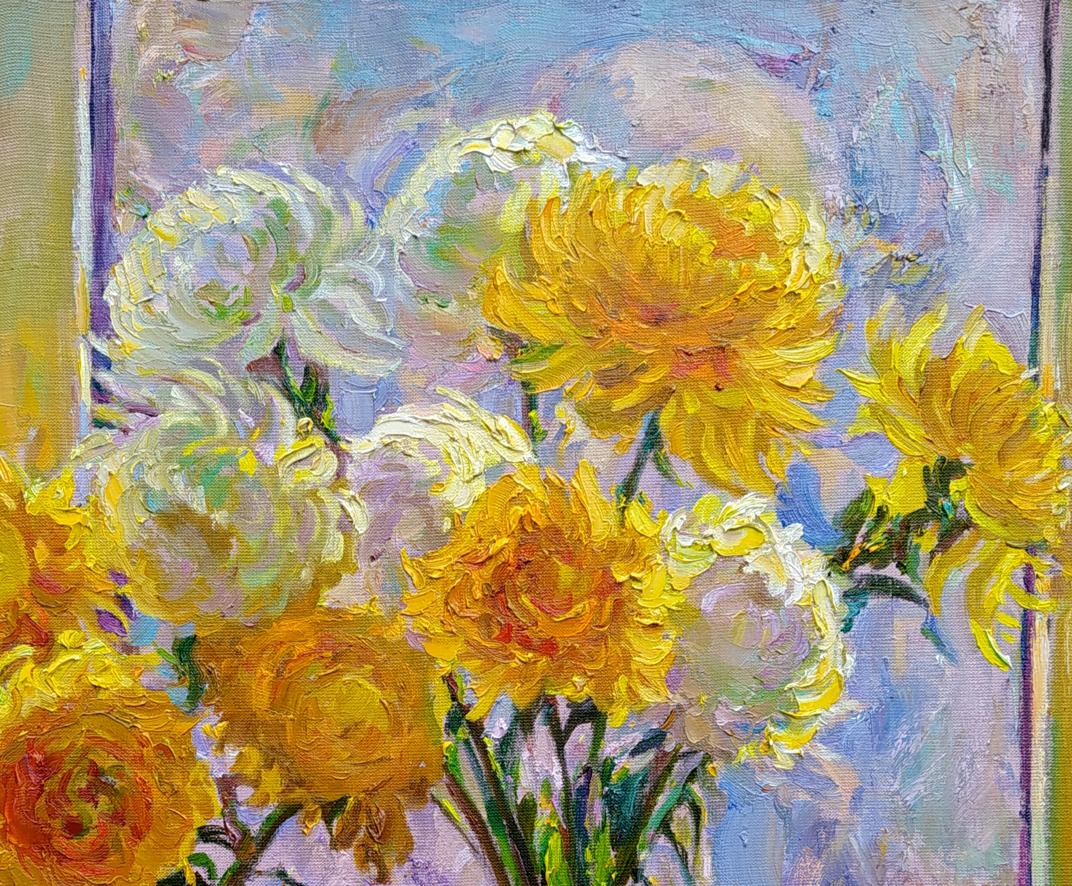 Sunny autumn Leonid Pavlenko oil painting of vibrant yellow white chrysanthemums