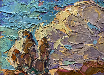 Oil painting Early autumn morning by Oleksiy Ivanyuk in blue gold earthy tones