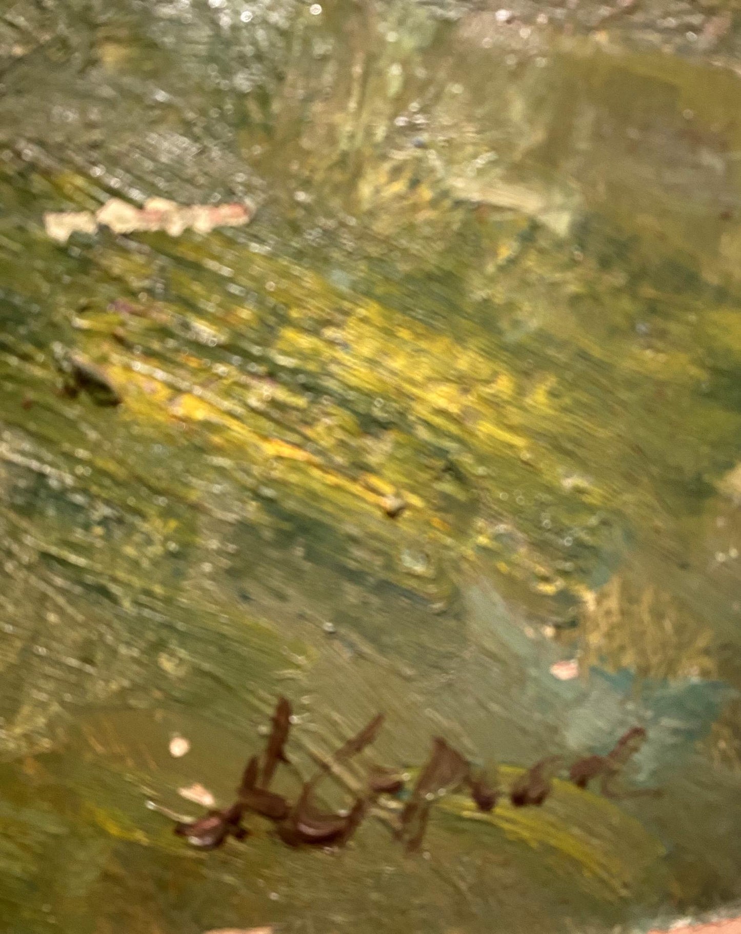 Oil painting Spring in Y. by Arkady Strelov with green yellow brushstrokes and brown splatters