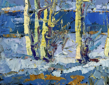 Abstract blue-yellow expressionist oil painting The first breath of spring by Oksana Ivanyuk