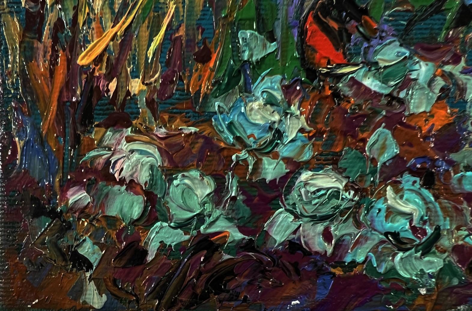 Oil painting Country Garden by Oleksiy Ivanyuk with teal flowers