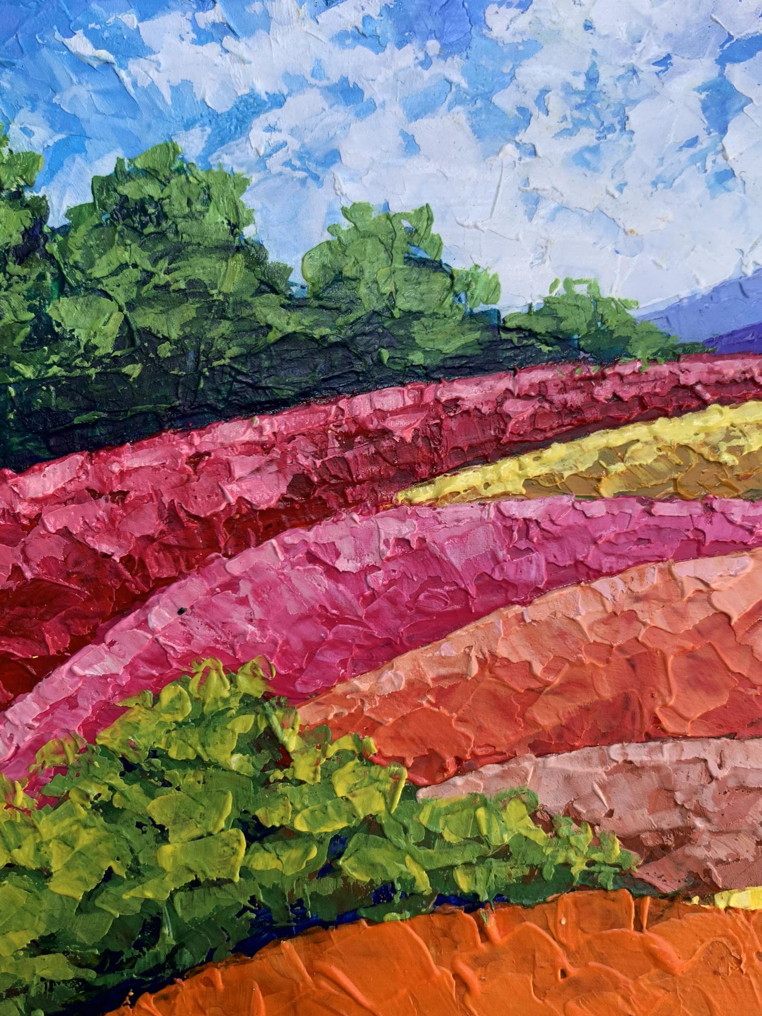 Vibrant impressionist oil painting by V. Zadorozhnya of flower fields and mountains
