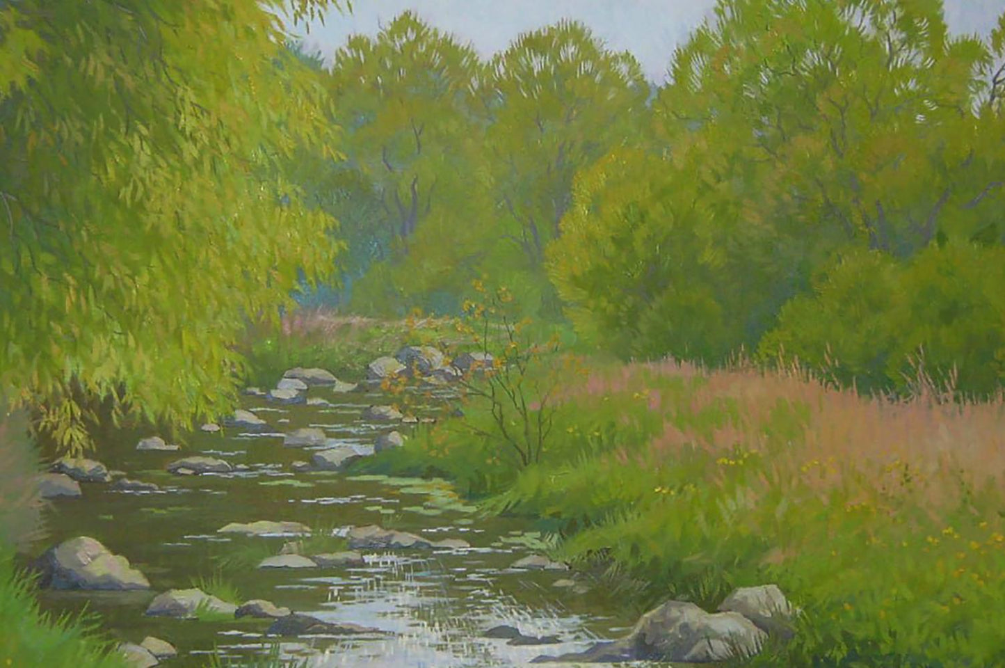 Oil painting of serene stream flowing through lush forest by Valery Savenets