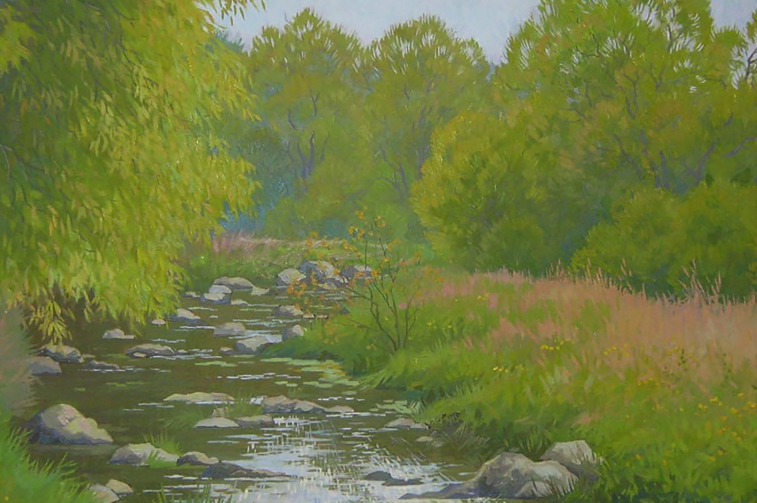 Oil painting of serene stream flowing through lush forest by Valery Savenets