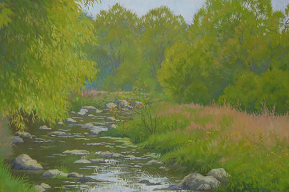 Oil painting of serene stream flowing through lush forest by Valery Savenets