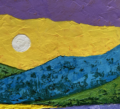 V. Zadorozhnya oil painting of textured yellow sunset sky over mountains