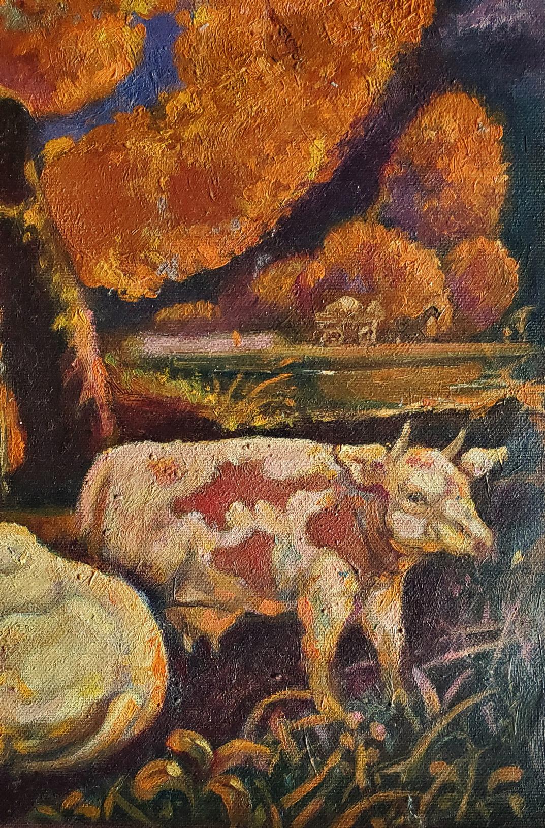Oil painting Autumn flock by Daniil Litvinov: cream red spotted cow in impressionistic landscape