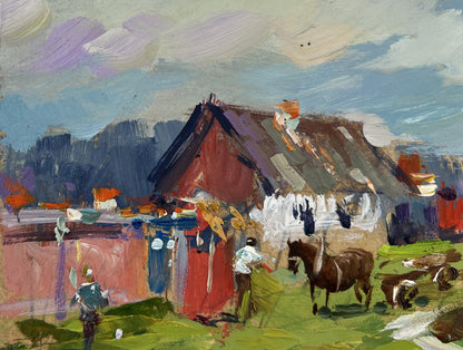 Oil painting of rustic red house amid green fields by Yuriy Suprunchuk