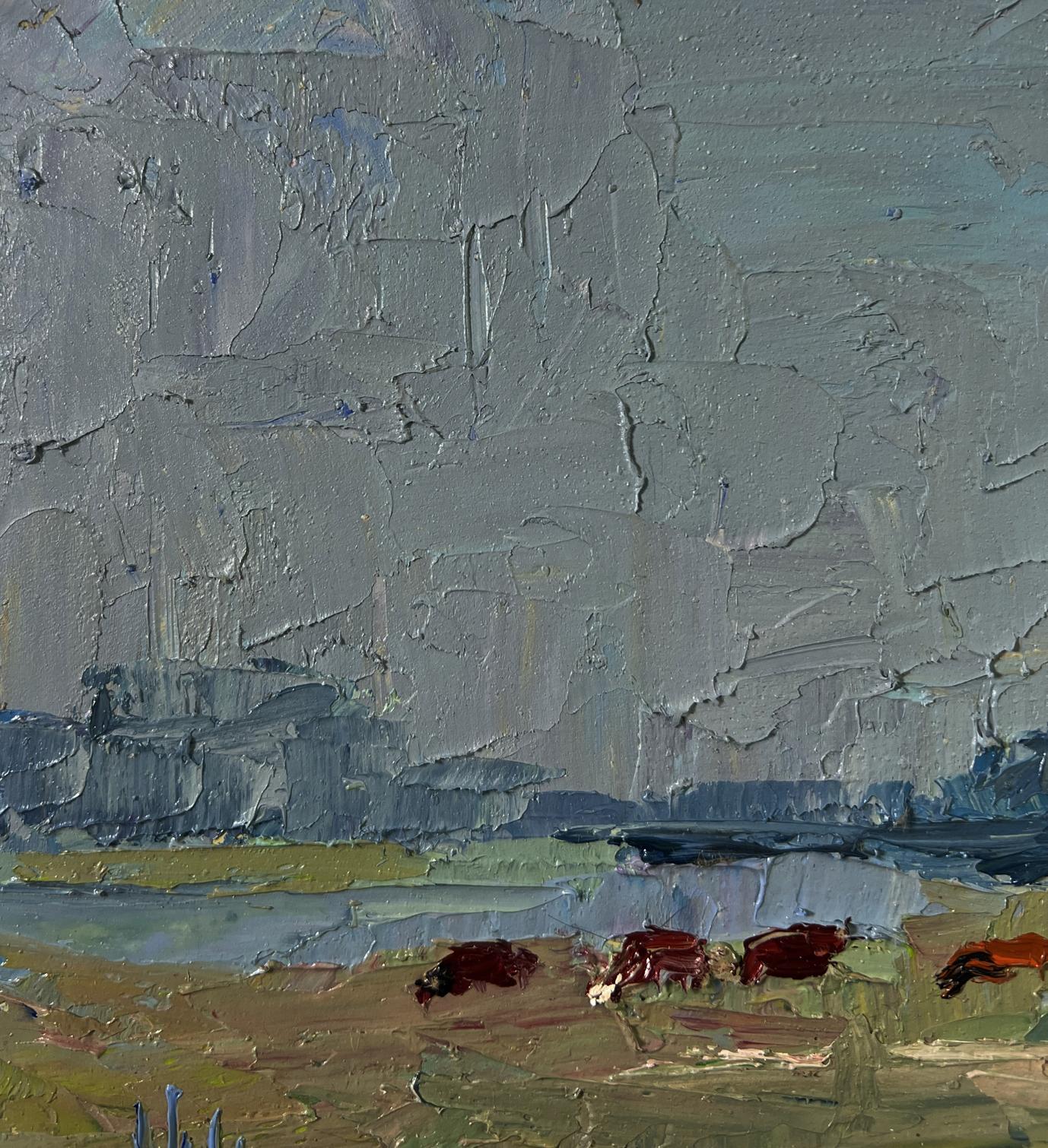 Oil painting Field with cows by Boris Serdyuk: textured gray sky, red cows grazing