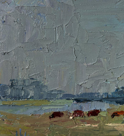 Oil painting Field with cows by Boris Serdyuk: textured gray sky, red cows grazing