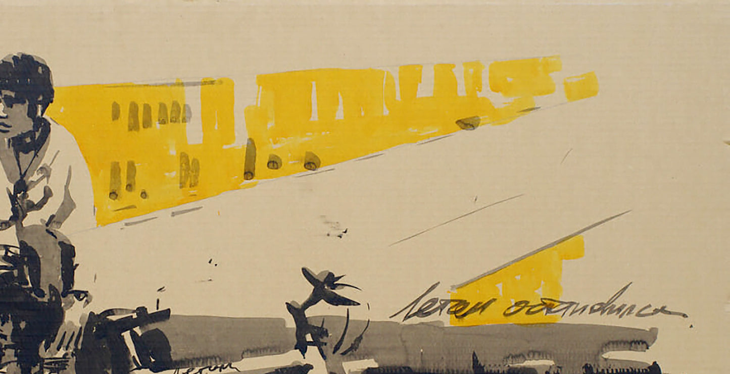 Stylized black and white person on yellow shapes in Dima Filatov watercolor On a rest painting