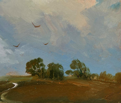 Oil painting Birds flying home by Yuriy Suprunchuk: impressionistic field and birds