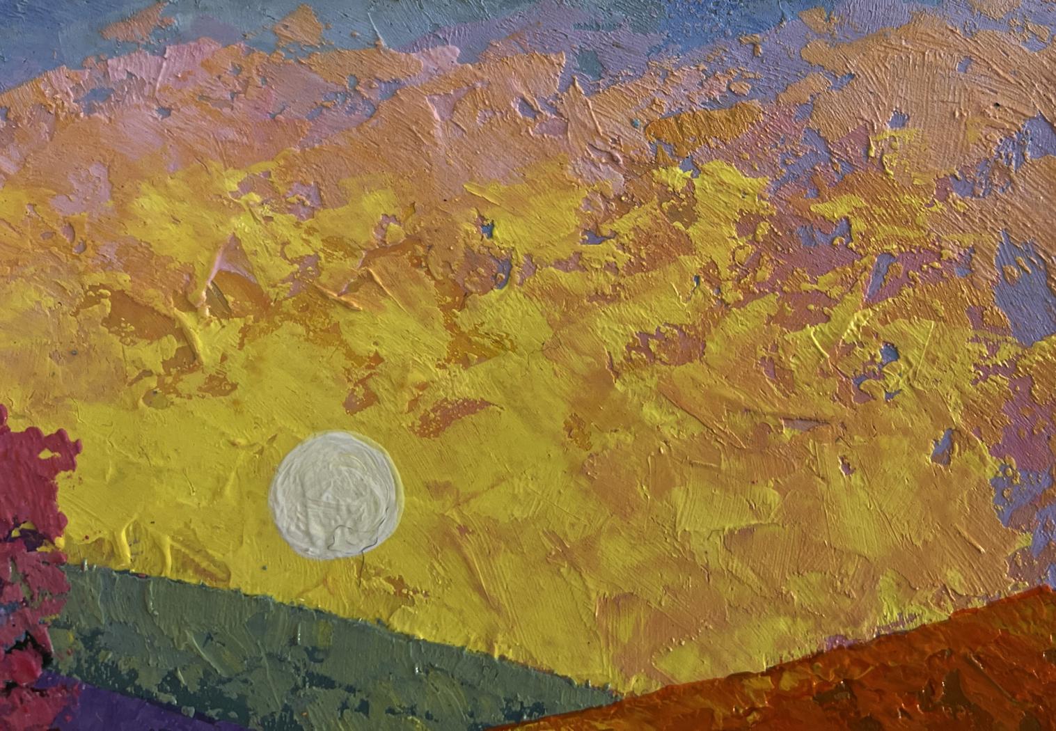 Oil painting Path to the mountain valley V. Zadorozhnya with textured white circle on yellow orange brushstrokes