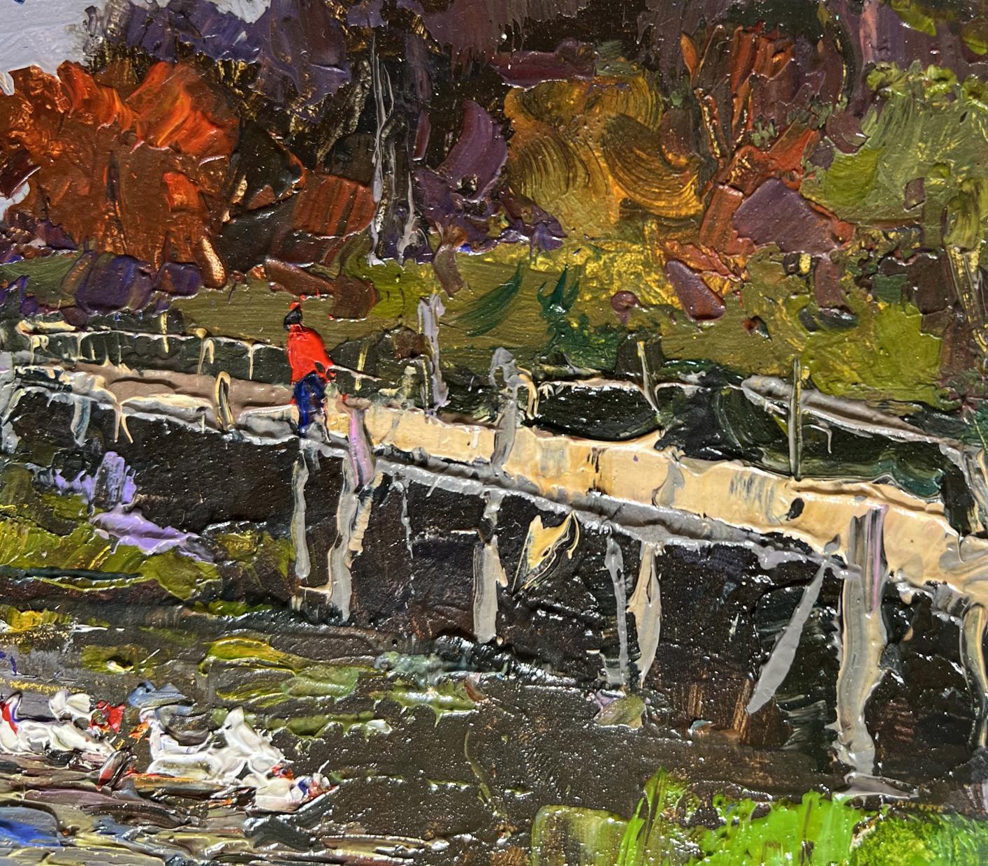 Vibrant oil painting of ducks on lake near bridge by Oksana Ivanyuk