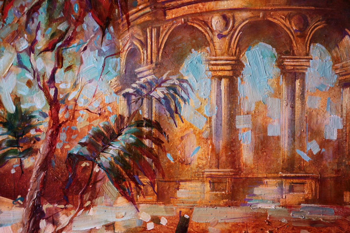 Oil painting Red morning by Alexander Dobrodiy with arched colonnade