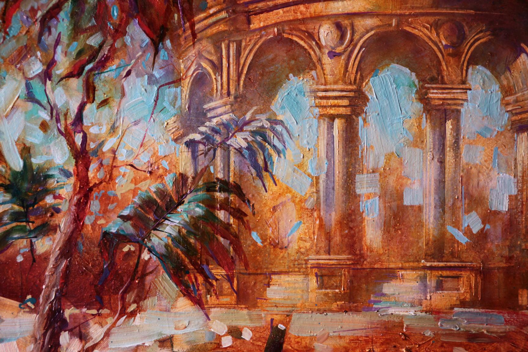 Oil painting Red morning by Alexander Dobrodiy with arched colonnade