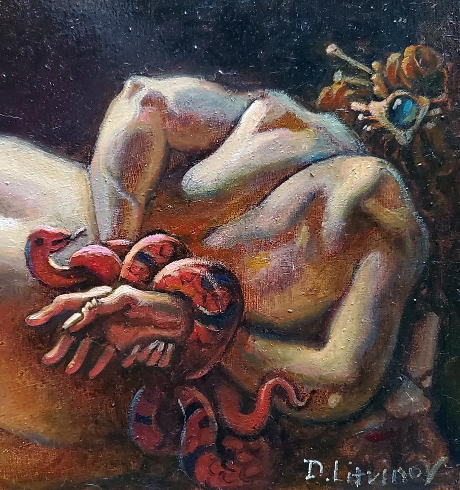 Oil painting by Daniil Litvinov: nude figure with reddish-orange serpents