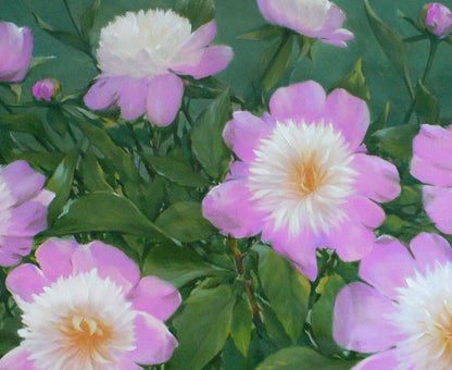 Oil painting of bright pink and white peonies by Vasily Korkishko