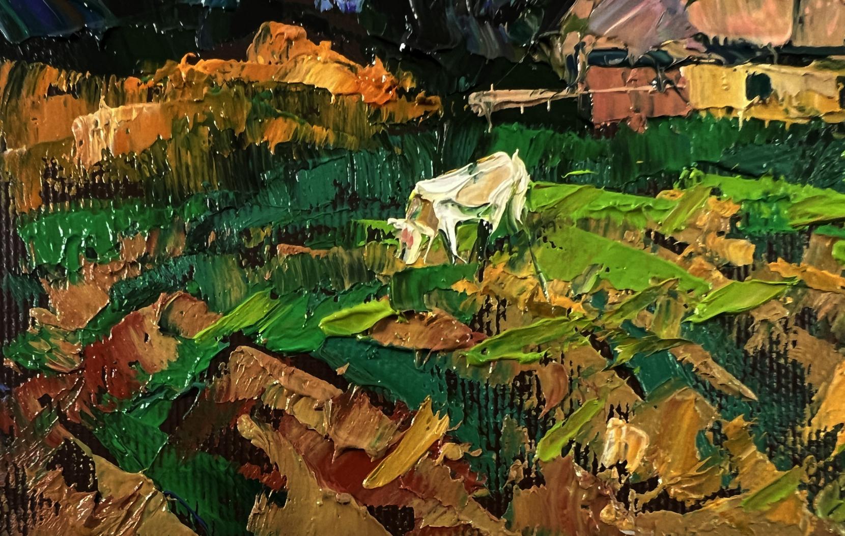 Oil painting of white cow in green field by Oleksiy Ivanyuk