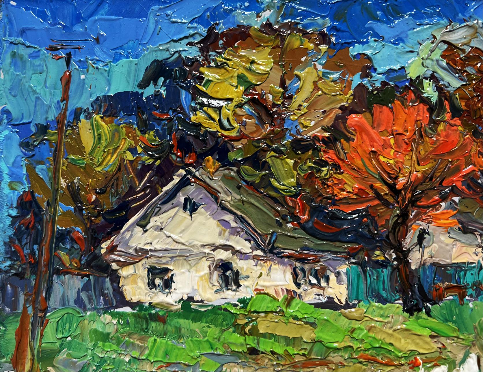 Oil painting of village street by Oksana Ivanyuk: white house among autumn trees