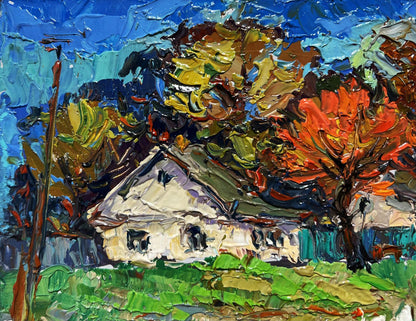 Oil painting of village street by Oksana Ivanyuk: white house among autumn trees