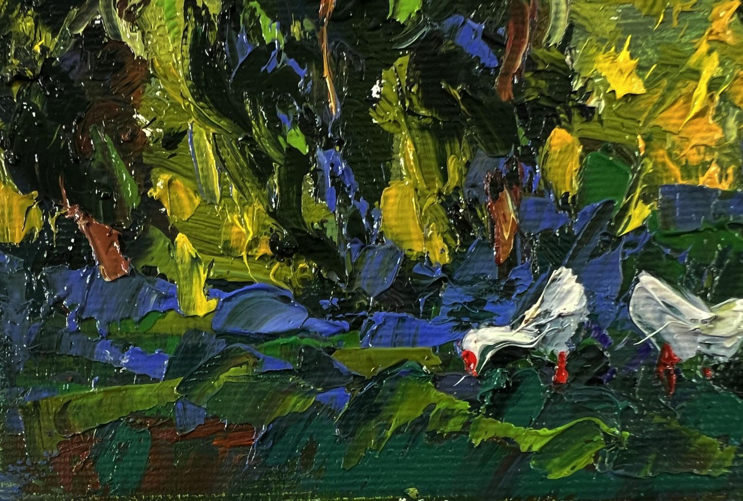 Vibrant impressionist oil painting of white geese under trees by Oksana Ivanyuk