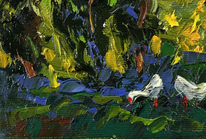 Vibrant impressionist oil painting of white geese under trees by Oksana Ivanyuk