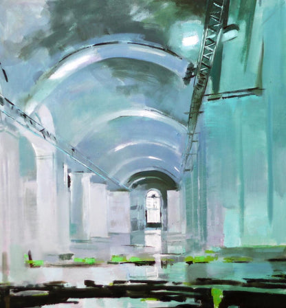 Oil painting by Arsenal Ed Potapenkov of teal arched tunnel with beams