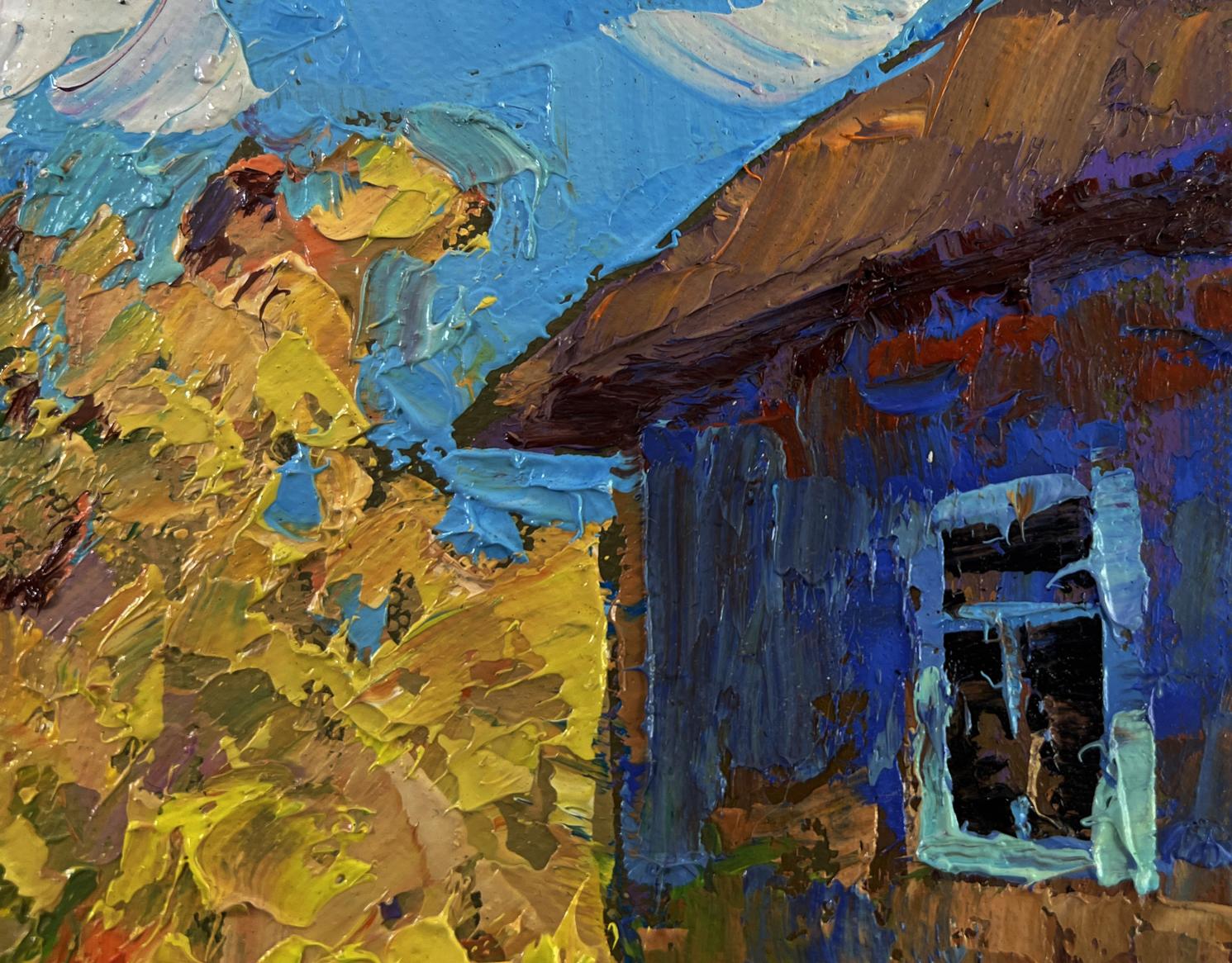 Oil painting The sun in the field by Oleksiy Ivanyuk: blue house, yellow foliage