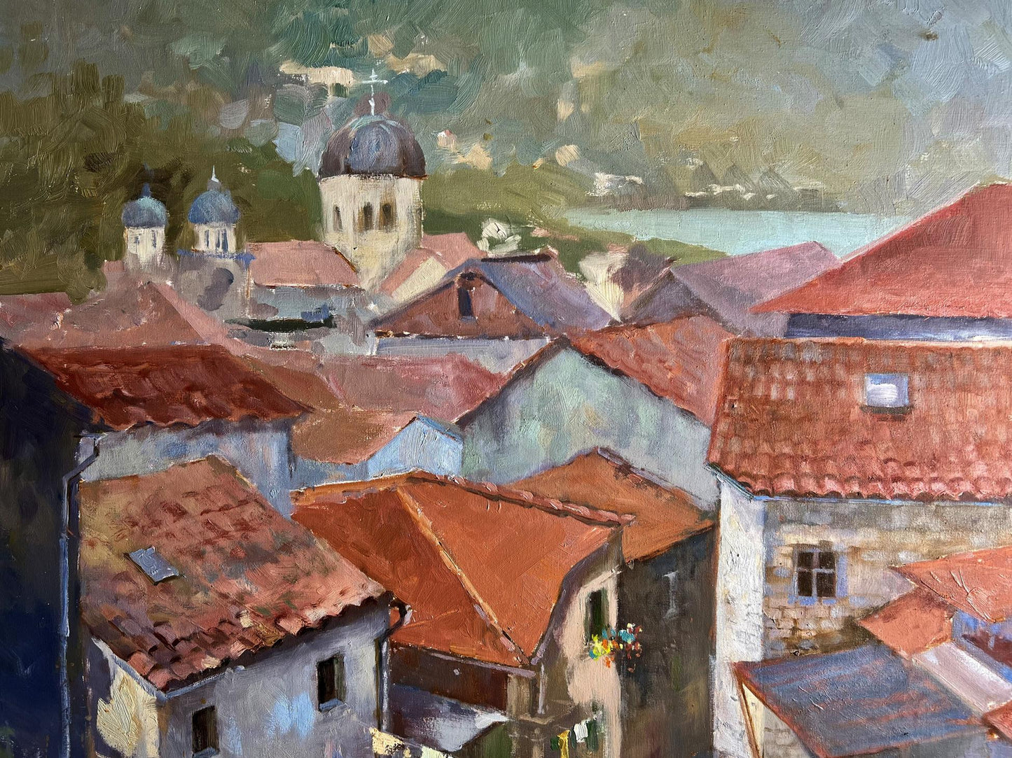 Oil painting Streets of the town Tatyana Derdey vibrant coastal scene