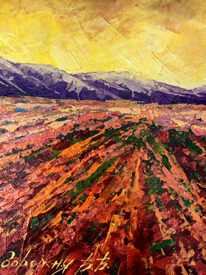 Vibrant oil painting of mountain sunset by V. Zadorozhnya