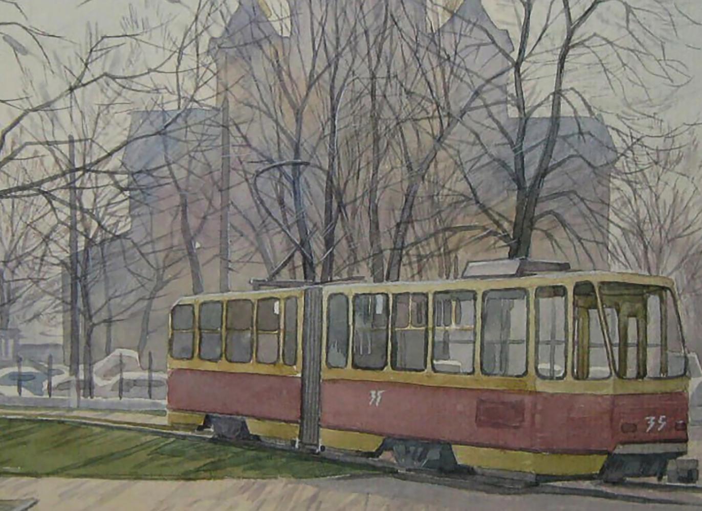 Vintage yellow maroon tram 35 watercolor painting by Valery Savenets