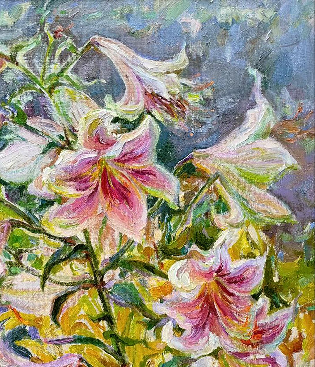 Oil painting Lilies are blooming by Leonid Pavlenko with pink white petals