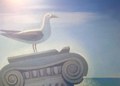 Stylized white gray seagull on classical column in Strashevich ruins oil painting