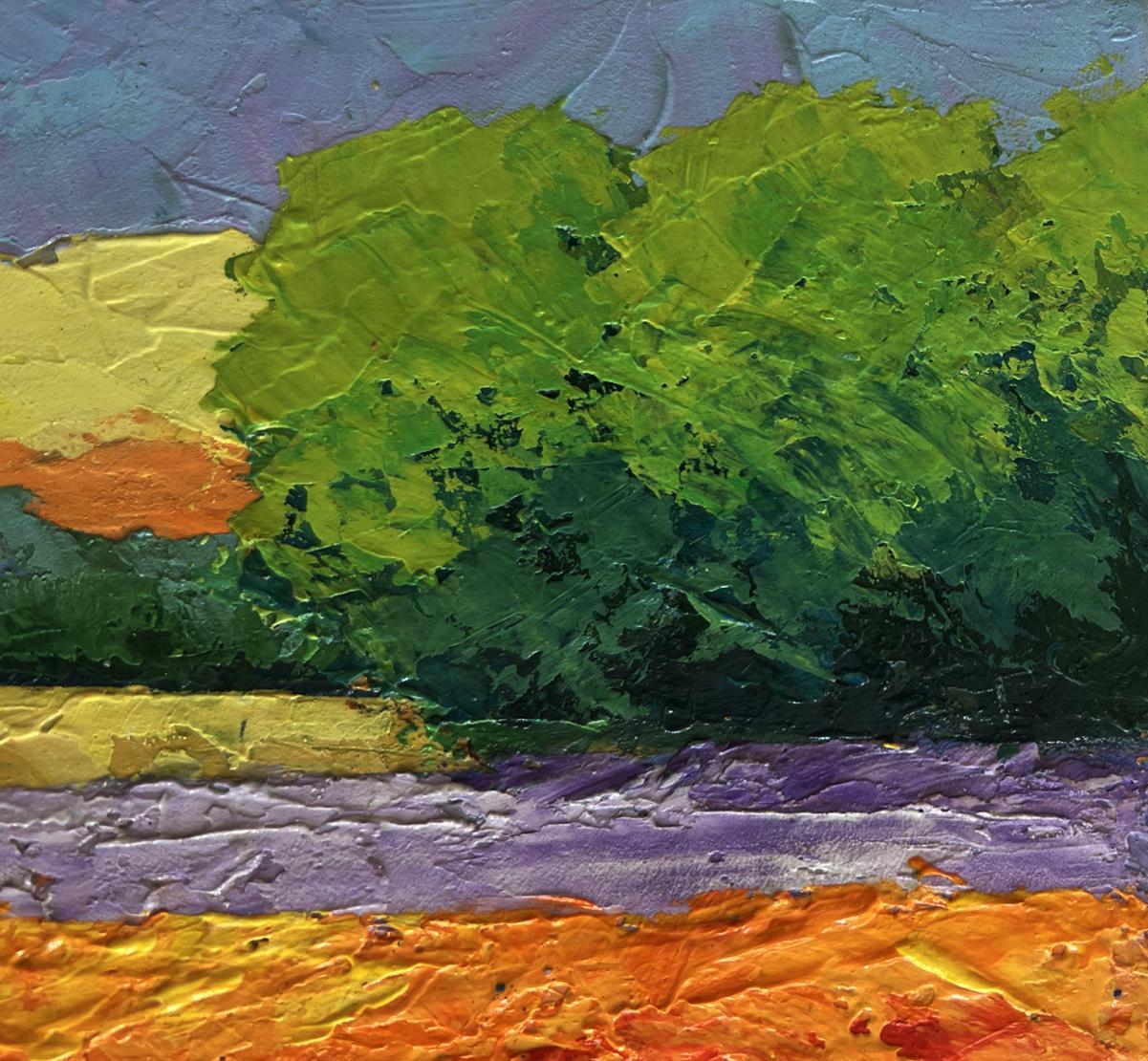Vibrant impasto oil painting of green tree in Summer evening landscape by V. Zadorozhnya