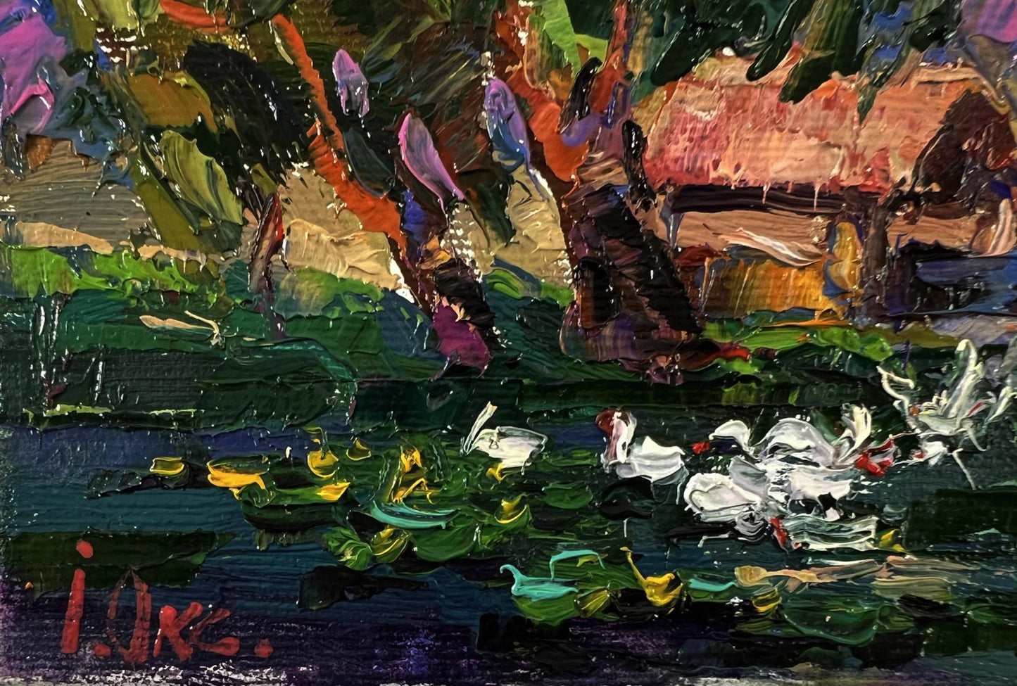 Vibrant impressionist oil painting of geese and swans on village lake by Oksana Ivanyuk
