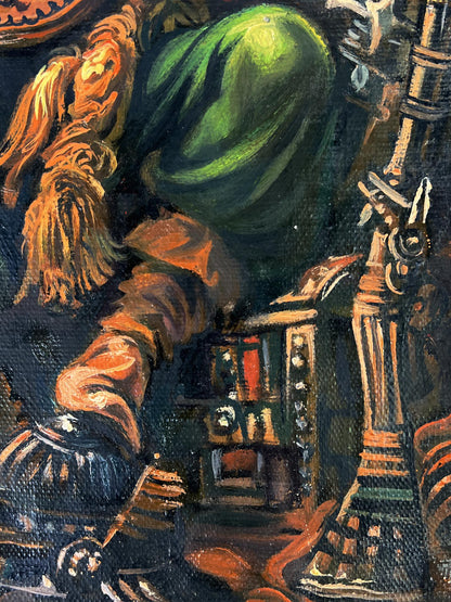 Oil painting of musician and hunter by Alexander Litvinov, vibrant green object in dark scene
